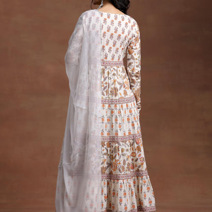 Libas Off White Printed Cotton A-Line Kurta With Palazzos & Dupatta 