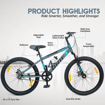VESCO 24 T Drift Cycle for Big Kids MTB Mountain Bike | Dual Disk Brake & Front Suspension Single Speed Bicycle for Boys and Girls | 16 inches Frame | Ideal for 9-14 Years (Grey) 