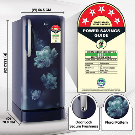 LG 201 L 5 Star Inverter Direct-Cool Single Door Refrigerator (GL-D211HBCZ, Blue Charm, Base stand with drawer) 