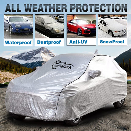 AUTOBIRSA Waterproof Car Body Cover for Honda Amaze with Mirror and Antenna Pocket and Soft Cotton Lining (4 Side Elastic Triple Stitched & Metallic Silver with Black Piping Style) 
