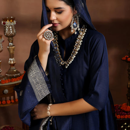 Libas Women's Silk Blend Kurta Set (39041_Navy Blue 