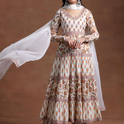 Libas Off White Printed Cotton A-Line Kurta With Palazzos & Dupatta 