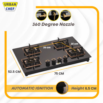 Urban Chef Gas Stove 4 Burners Glass Top | ISI Certified 4 Burner Stoves | Gas Chulha LPG & PNG Compatible | Burner Auto Ignition Cooktop | Easy Grip Knobs,7mm Thick Toughened Glass (Hob Top-Rose Gold 