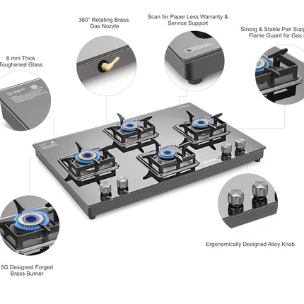 Sujata Cross Gas Stove | 9 Years Warranty | 4 Burner Gas Stove Glass Top, SABAF, ISI Certified, LPG & PNG Compatible, 360° Rotating Brass Gas Nozzle, Jumbo Brass Burner (Black) 