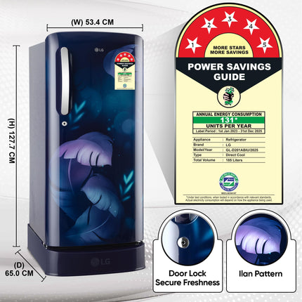 LG 185 L, 5 Star, Smart Inverter Compressor, Direct Cool Single Door Refrigerator (GL-D201ABIU.BBIZEBN, Blue ILAN, Moist N Fresh, Auto Smart Connect & Base Stand Drawer) 