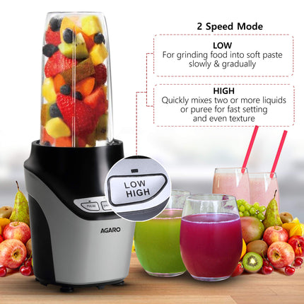 AGARO Marvel Nutri Blender, BPA Free 2 Tritan Jars, 1000W, 100% Copper Motor, 2 Speed Modes with Pulse, Detachable Base, Stainless Steel Blades, Blend, Mix, Grind, Smoothie, Juice Maker, Black 