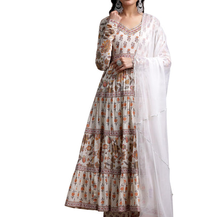 Libas Off White Printed Cotton A-Line Kurta With Palazzos & Dupatta 