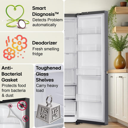 LG 650 L, 3 Star, Smart Inverter Compressor, Convertible, Door Cooling+, Frost Free Double Door Side by Side Refrigerator (GL-B257HDS3, Dazzle Steel, Express Freeze) 