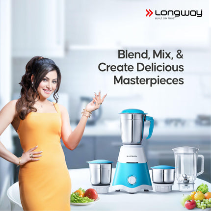 Longway Super Dlx 750 Watt Juicer Mixer Grinder with 4 Jars for Grinding, Mixing, Juicing with Powerful Motor | 2 Years Warranty | (White & Blue, 4 Jars) 