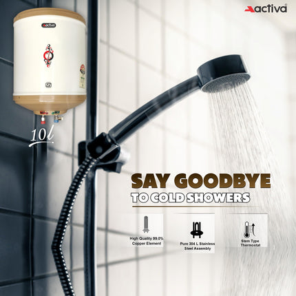 Activa Amazon 10 Liter Water Heater Geyser, ISI Copper Element 3 KVA (0.8mm), Instant Heat Water, Anti Rust Coated Tank, ABS Body, BEE 5 Start Rating, Energy Efficient, 5 Year Warranty - IVORY 