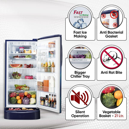 LG 210 L, 5 Star, Direct Cool, Smart Inverter Compressor, Single Door Refrigerator (2025 Model, GL-D231ABAU, Blue Aurora, Humidity Controller, Base stand with Drawer & Fast Ice Making) 