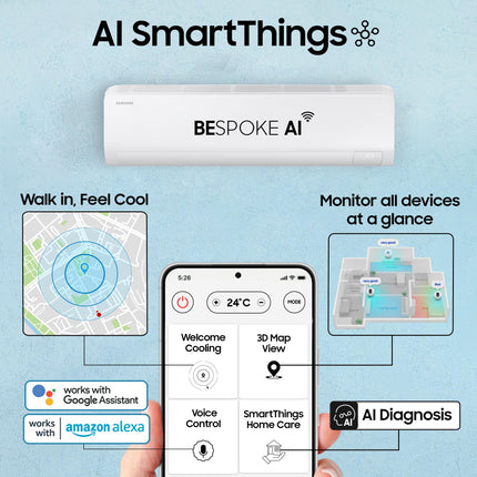 Samsung 2 Ton 3 Star AI Inverter Smart Split AC (BESPOKE AI, Energy Saving, Wi-Fi, Voice Control, Powerful Cooling, 100% Copper, 4 Way swing, Convertible 5in1, 2025 Model AR50F24D1XHNNA, White) 