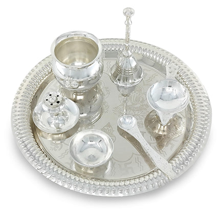 BENGALEN Pooja Thali Set Silver Plated with Grey Gift Box Designed 22 cm Puja Plate Kalash Bowl Ghanti Spoon Dhup Dan Diya for Home Office Diwali Wedding Return Gift Items 
