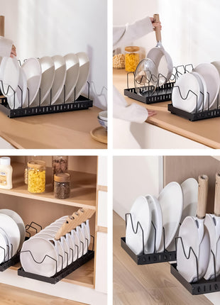 Livzing Pan & Pot Organizer Rack for Cabinet - Stainless Steel Adjustable Sliding Kitchen Rack for Frying Pan, Plate, Lids - Under Cabinet Storage for Modular Kitchen - Expandable Cookware Organizer