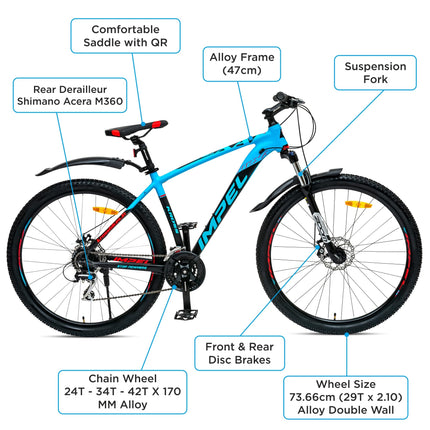 KROSS Hexa 29T Unisex Matt Black Multispeed (Shimano 24-Speed) MTB | Alloy Frame with Dual Disc Brakes and Front Suspension Fork | Ideal for 15+ Years (Blue) 