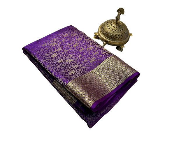 Women's Pure Brocade Mysore Silk Sarees, Zari Weaving, Rich Pallu, Jacquard Blouse, Purple 