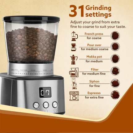 AGARO Stainless Steel Supreme Coffee Grinder,Conical Burr Grinder,31 Grinding Settings,Pulse Mode,Adjustable Digital Timer,Single Dose Grinder For Espresso Filter Dripper Moca,Espresso,Silver 