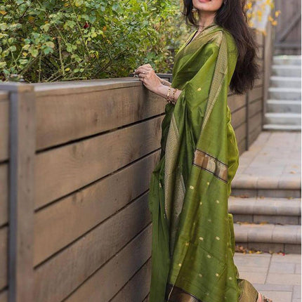SIRIL Women's Soft Silk Saree | Banarasi Silk Sari | Jacquard Zari Work Saree With Unstitched Blouse Piece (4051S599_Olive Green) 