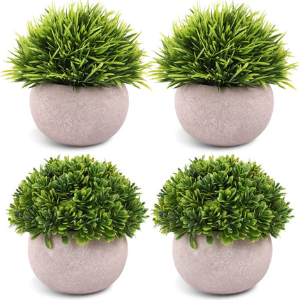 Dekorly® 4 Packs Artificial Potted Plants Bathroom Fake Shelf Plant Office Table Decor Mini Green Faux Topiary Kitchen Cabinet Farmhouse Decorations (4 Plastic Pots) 