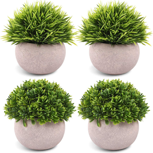 Dekorly® 4 Packs Artificial Potted Plants Bathroom Fake Shelf Plant Office Table Decor Mini Green Faux Topiary Kitchen Cabinet Farmhouse Decorations (4 Plastic Pots) 