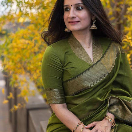 SIRIL Women's Soft Silk Saree | Banarasi Silk Sari | Jacquard Zari Work Saree With Unstitched Blouse Piece (4051S599_Olive Green) 