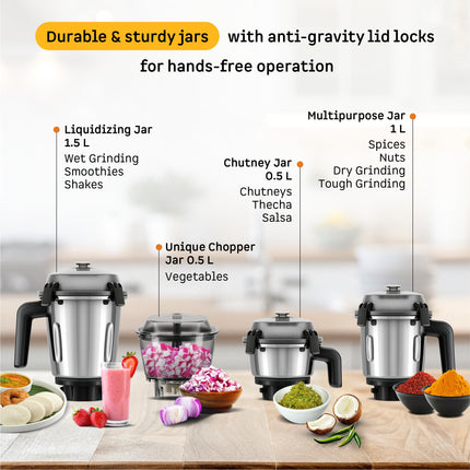 Atomberg Zenova Mixer Grinder | Unique Coarse Mode for Silbatta-like Texture | Intelligent BLDC Motor | Safety Features | 4 Jars including Chopper | Hands-Free Operation (Black) 