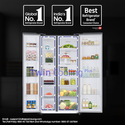 Samsung 653 L, 3 Star, Frost Free, Double Door, Convertible 5-in-1 Digital Inverter, Side By Side AI Enabled Smart Refrigerator with WiFi (RS76CG8003S9HL, Silver, Refined Inox, 2025 Model) 