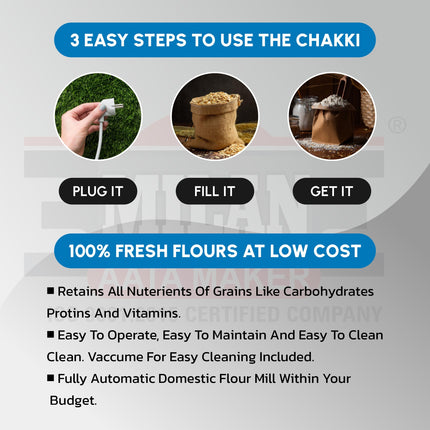 Milan Fully Automatic Domestic Flour Mill Machine - Atta Chakki, Aata Maker, Ghar Ghanti | 8-10 Kg/Hr Grinding Capacity, 4.5 Kg Hopper | 2880 RPM Motor | Low Voltage Operation (175V)(Small Pot) 