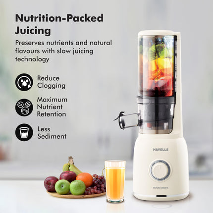 Havells Nutri Pure New Generation Cold Press Juicer|Low Noise DC Motor 105W,40 RPM|All-in-1 Fruit & Vegetable Juicer|Spiral Auger with SS Prong|Mesh Free filter for Easy Cleaning (Ivory) 105 watts 