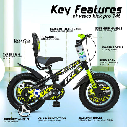VESCO Kick Pro 14 T Kids Cycle with Balance Wheel & Back Rest Seat/Water Bottle | Frame 9 Inch | Ideal for 3 to 5 Years Boys & Girls (Green) 