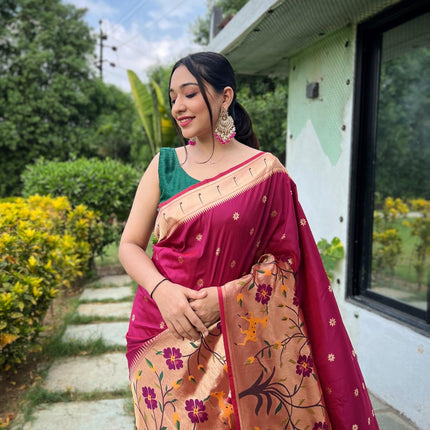 SGF11 Women's Paithani Soft Lichi Silk Banarasi Sarees With Blouse Piece (Maroon) 