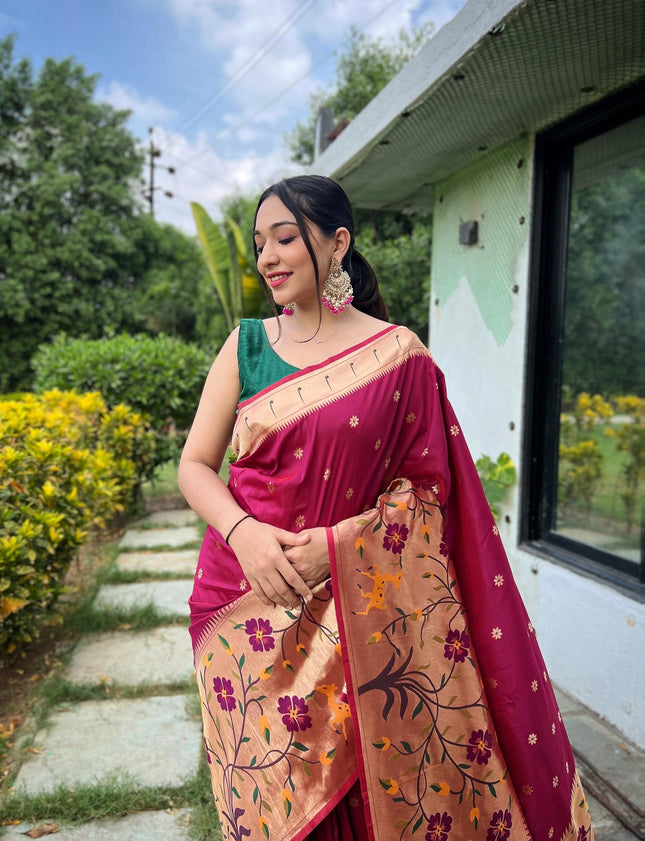 SGF11 Women's Paithani Soft Lichi Silk Banarasi Sarees With Blouse Piece (Maroon) 