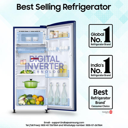 Samsung 183 L, 4 Star, Digital Inverter, Direct-Cool Single Door Refrigerator (RR20C1724CU/HL, Camellia Blue) 