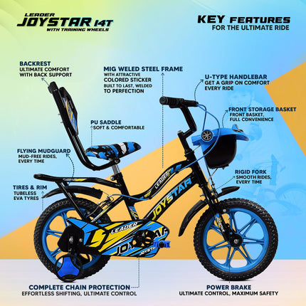 Leader JoyStar Cycle for Kids | Bicycle for Kids with Training Wheels | Comfortable Seat, Backrest & Front Storage| Kids Cycle for 2-5 Years Boys & Girls | Frame: 8 Inches (14T, Blue) 