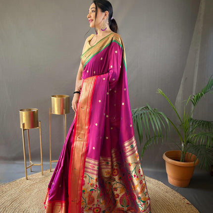 SGF11 Women's Paithani Soft Silk Kanjivaram Sarees With Blouse Piece (Dark Pink) 