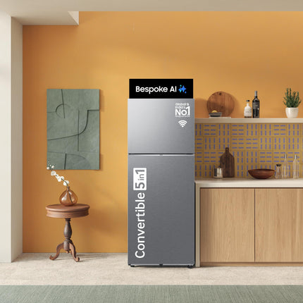 Samsung 350 L, 3 Star, Convertible 5-in-1, Digital Inverter, Frost Free Double Door, WiFi Enabled Bespoke AI Refrigerator (RT38DG5A4DS8HL, Elegant Inox, Silver) 