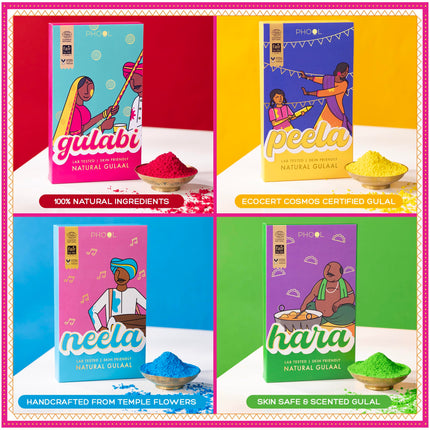 Phool Holi Colour - Rangeela Gift Box - Pack of 6 Natural Colours I 600 GMS (6 Colour x 100 GMS) Pink, Green, Blue, Yellow, Orange & Purple I Skin Friendly and Certified I Easy to Remove from Skin 