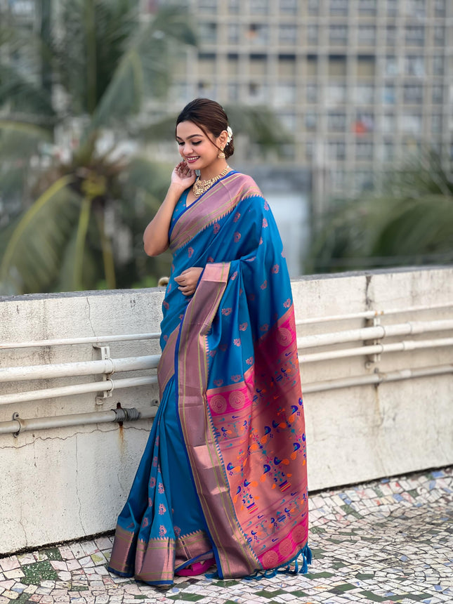 SGF11 Women's Kanjivaram Paithani Pure Soft Silk Saree For Womens With Blouse Piece (Blue) 