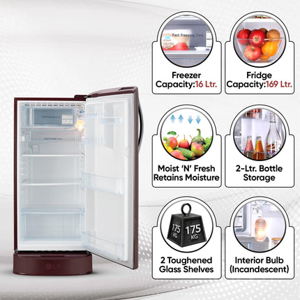 LG 185 L, 5 Star, Smart Inverter, Direct-Cool Single Door Refrigerator (GL-D201ASCU.BSCZEBN, Scarlet Charm, Base stand with drawer & Fast Ice Making) 