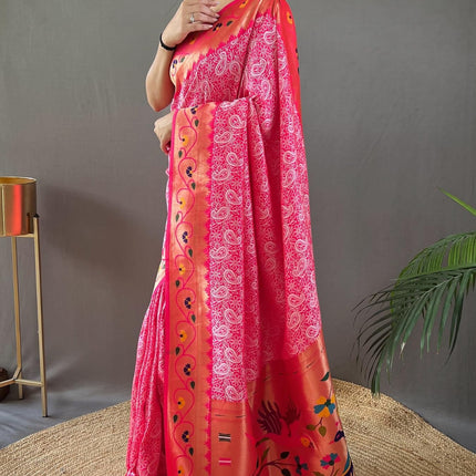SGF11 Women's Paithani Soft Lichi Silk Kanjivaram Sarees With Blouse Piece (Pink) 