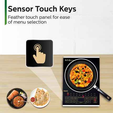 Philips Viva Collection Hd4938/01 2100-Watt Glass Induction Cooktop With Sensor Touch & Full Crystal Glass (Black) 