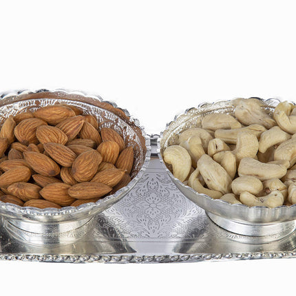 INTERNATIONAL GIFT® German Silver Brass Two Bowl with Two Spoon and with Single Tray with Beautiful Velvet Box Packing with Carry Bag Uses for Dry Fruit | Chocolate | Sweet | HomeDecor 