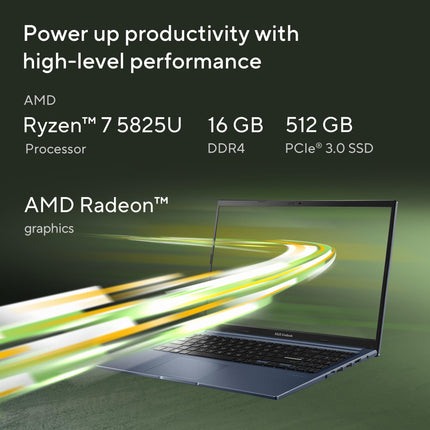 ASUS Vivobook 15, Smartchoice, AMD Ryzen 7 5825U, 16GB RAM, 512GB SSD, FHD 15.6", Windows 11, Office Home 2024, Quiet Blue, 1.7Kg, M1502YA-BQ703WS, AMD Radeon iGPU, M365 Basic (1Year)*, 42Whr Laptop 