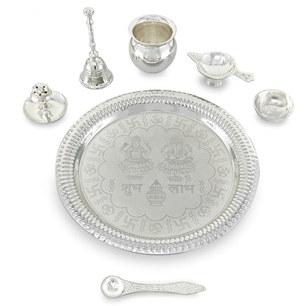 BENGALEN Pooja Thali Set Silver Plated with Grey Gift Box Designed 22 cm Puja Plate Kalash Bowl Ghanti Spoon Dhup Dan Diya for Home Office Diwali Wedding Return Gift Items 