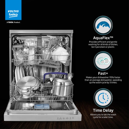 Voltas Beko 14 Place Setting Dishwasher, AquaFlex, AquaIntense (DF14S2,Silver), Free 1 Year Extended warranty 