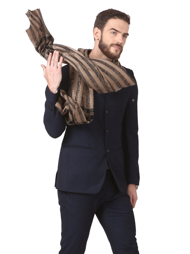 Pashtush Woven Mens Fine Wool Stole, Check-Stipe Design, Mens Muffler, Warm Cashmere Feel (Black)