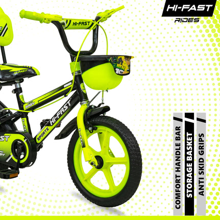 HI-FAST 14 inch Sports Kids Cycle for Boys & Girls 3 to 5 Years with Training Wheels (95% Assembled) (Green) 