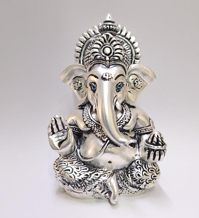 Gold Art India 999 Matte Silver Plated Antique Mukut Ganesha - 3.5" - Perfect for Gifting, Home Decor, Car Dashboard Murti Ganpati Idol for Home Decor Puja Statue Gift for Office Desk Puja Room, God 