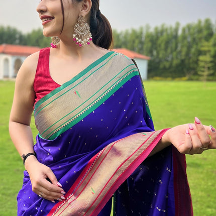 SGF11 Women's Paithani Soft Lichi Silk Kanjivaram Sarees With Blouse Piece (Royal Blue) 