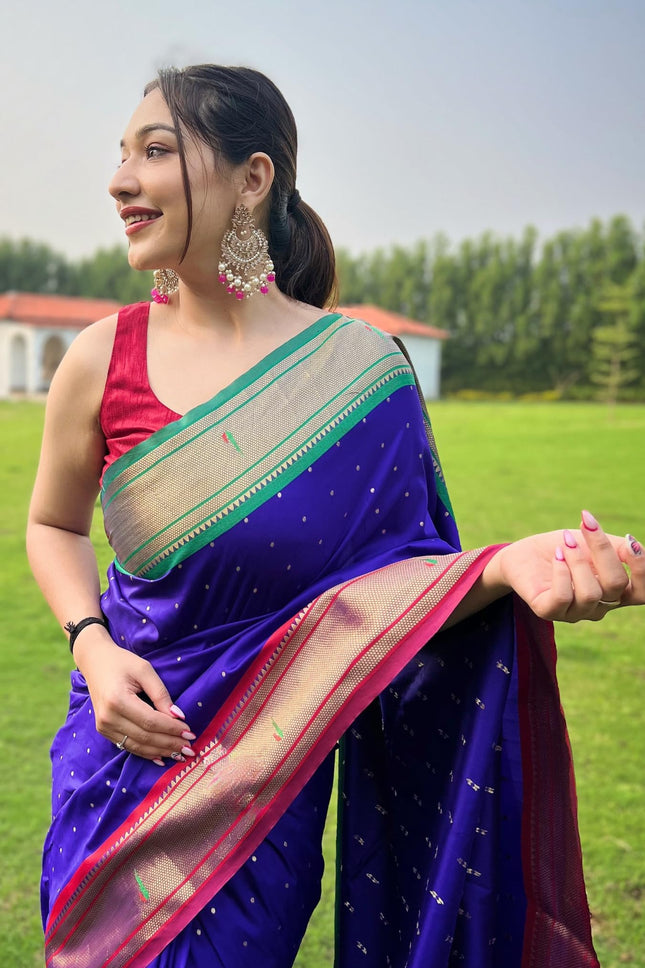 SGF11 Women's Paithani Soft Lichi Silk Kanjivaram Sarees With Blouse Piece (Royal Blue) 